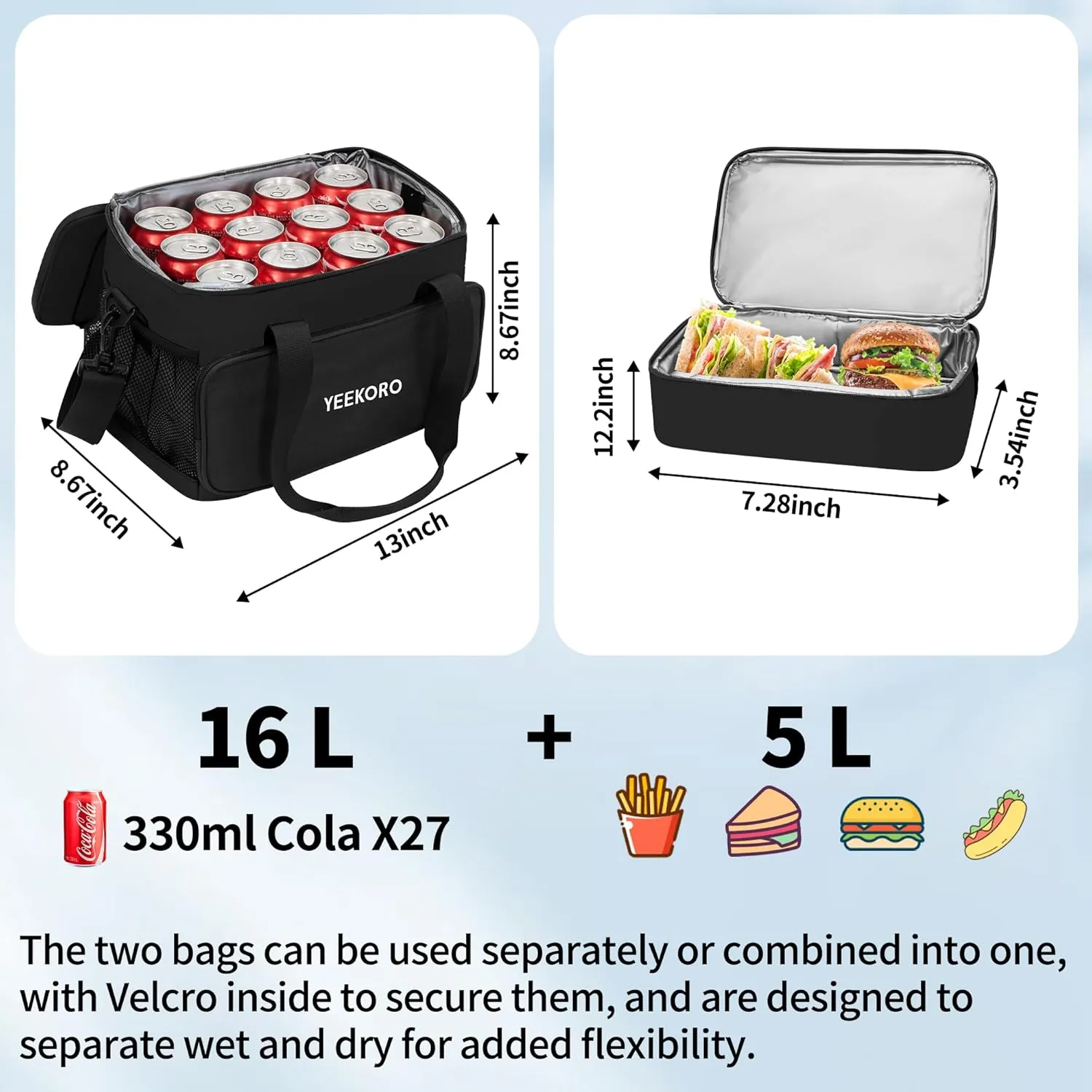 Cooler Bag, 16L 5L Insulated Lunch Box, Double Cooler Bag with Adjustable Shoulder Strap for Men & Women, Leakproof Lunch Cooler Ideal for Work Picnic Travel Shifts Daytrip