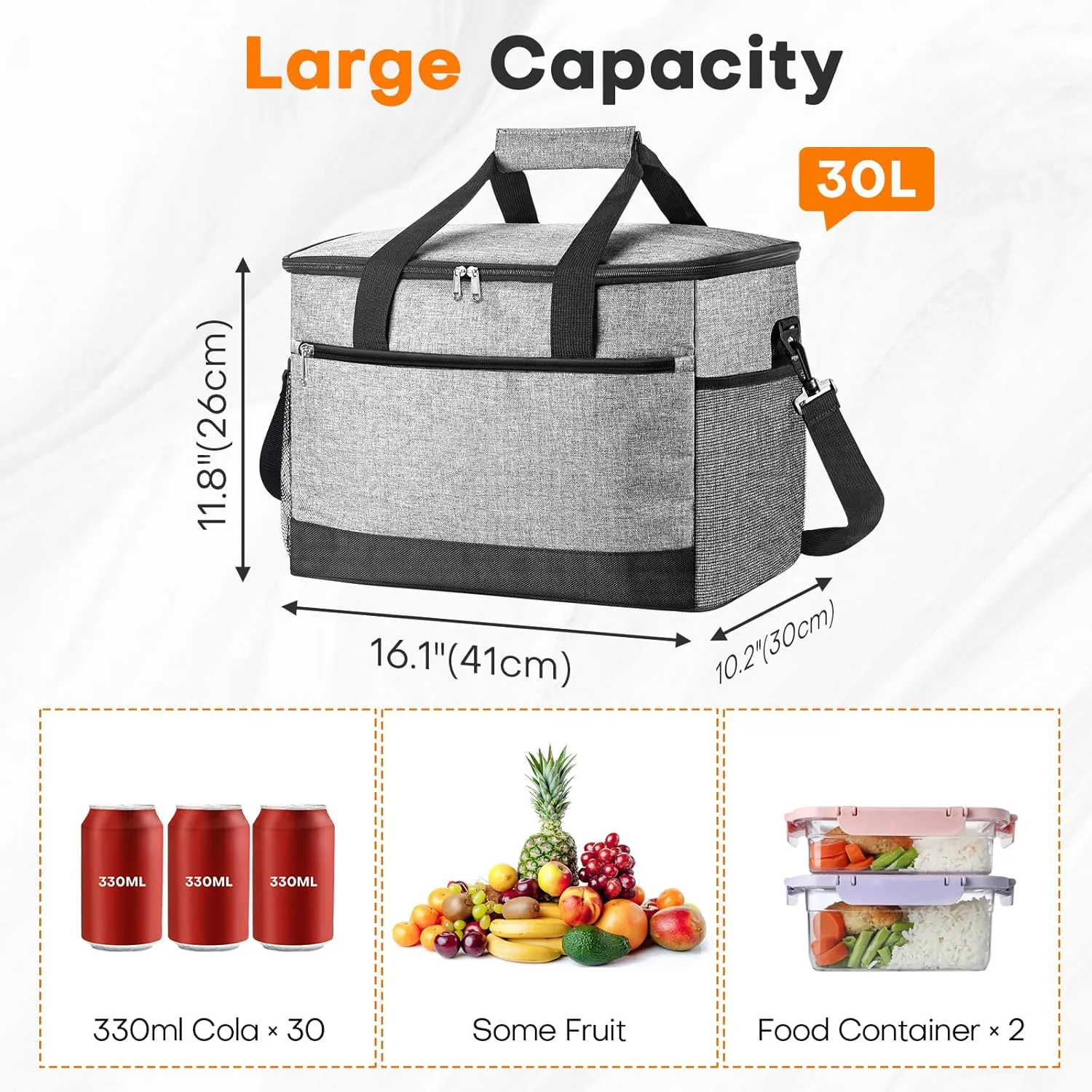 Cooler Bags Insulated, 48 Cans Large Lunch Bag with Side Mesh Pockets & Front Zipper Pocket, Portable Soft Cooler for Camping/Beach/Picnic/Trip, Lightweight Collapsible Tote with Shoulder Strap - Grey