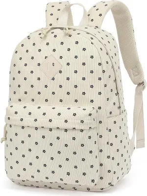 Corduroy Girls Backpack for School Women College Bookbags Travel Casual Backpacks (Beige Corduroy Flowers)