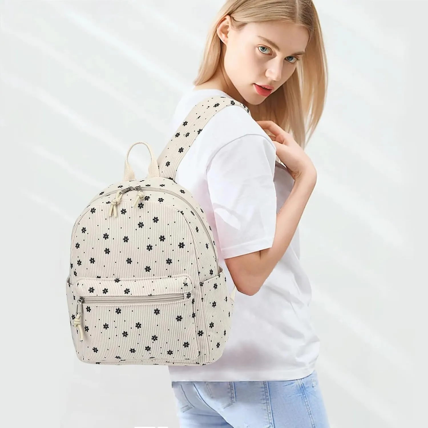 Corduroy Womens Mini Backpack Girls Small Backpack Purse Fashion Casual Daypack School Bookbag (Floral Beige)