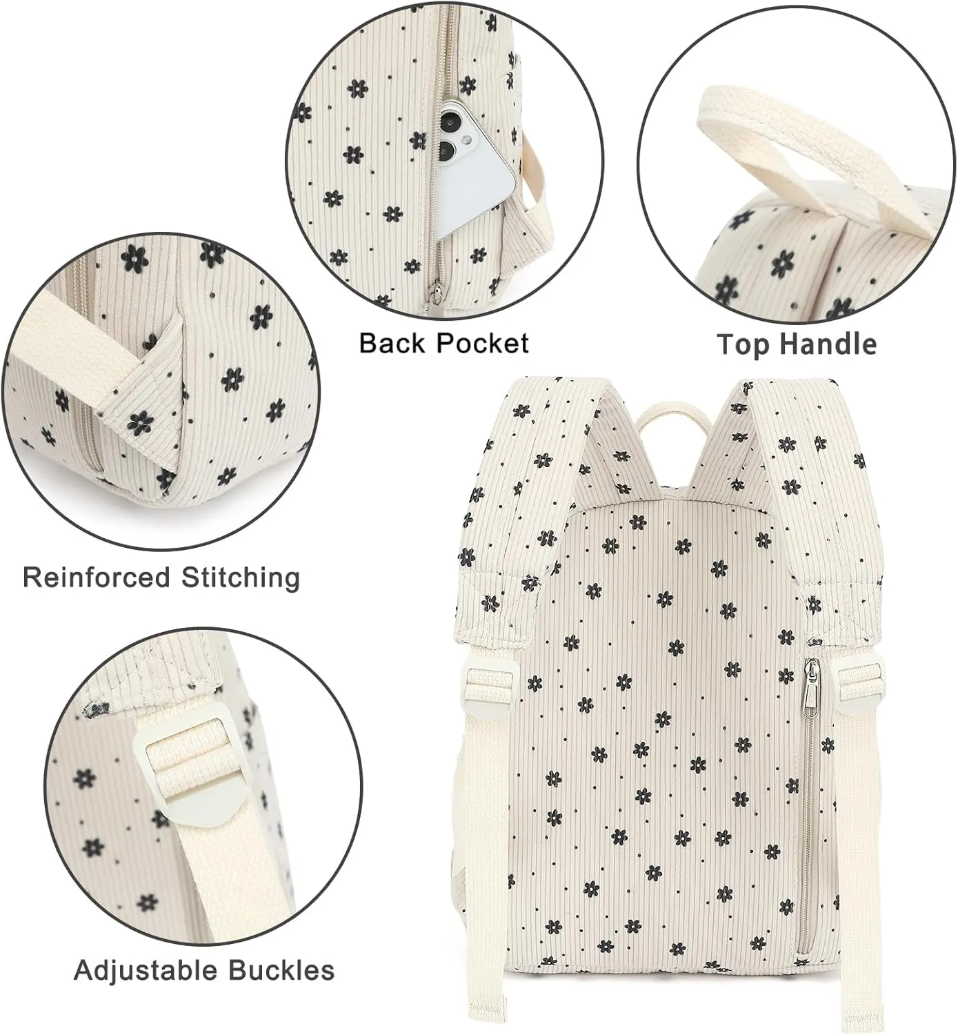 Corduroy Womens Mini Backpack Girls Small Backpack Purse Fashion Casual Daypack School Bookbag (Floral Beige)