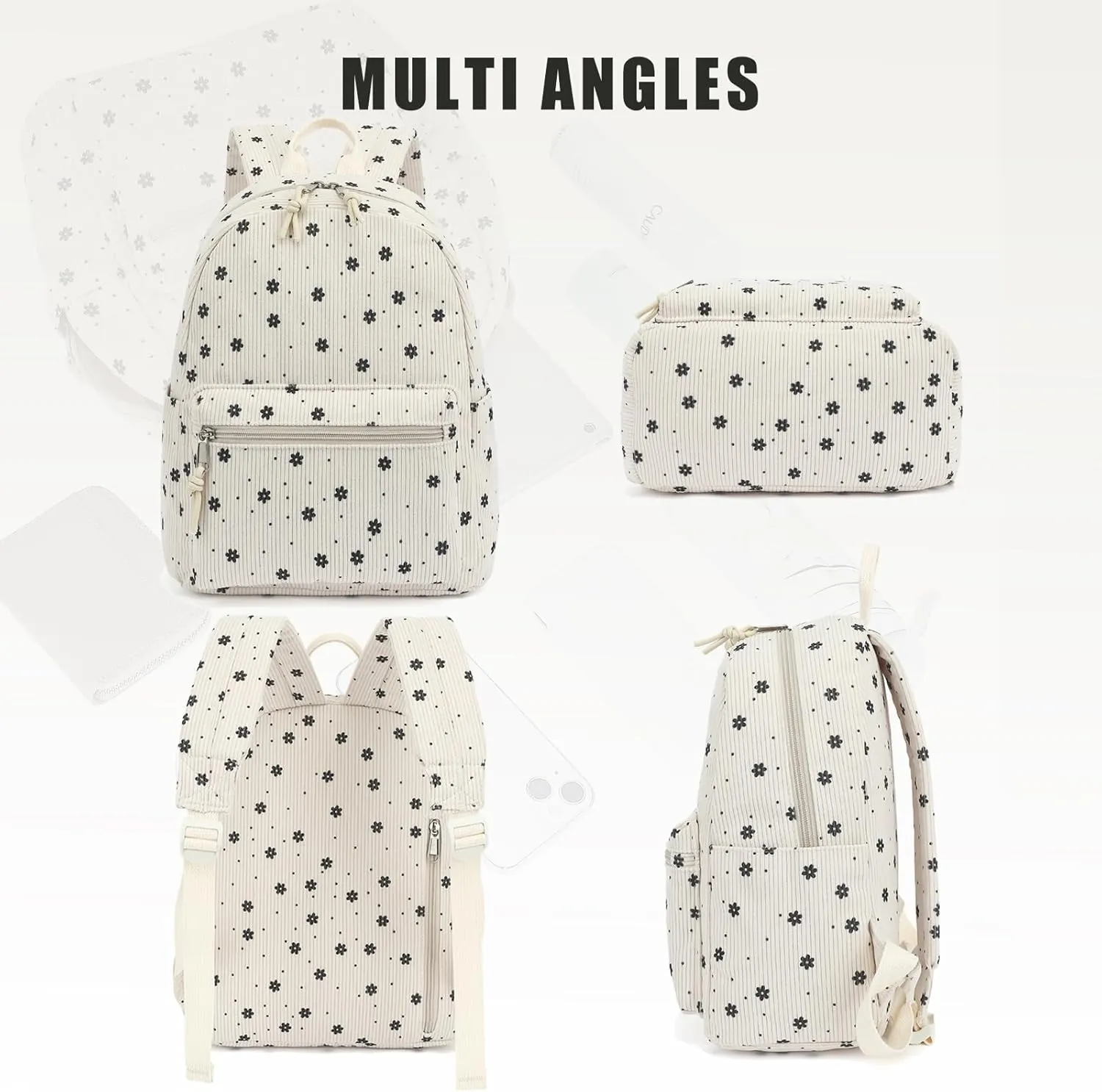 Corduroy Womens Mini Backpack Girls Small Backpack Purse Fashion Casual Daypack School Bookbag (Floral Beige)