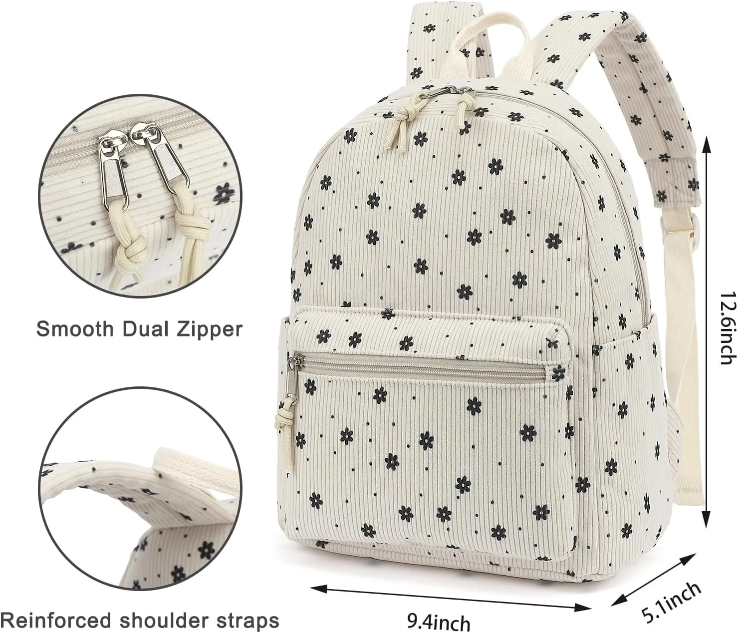 Corduroy Womens Mini Backpack Girls Small Backpack Purse Fashion Casual Daypack School Bookbag (Floral Beige)