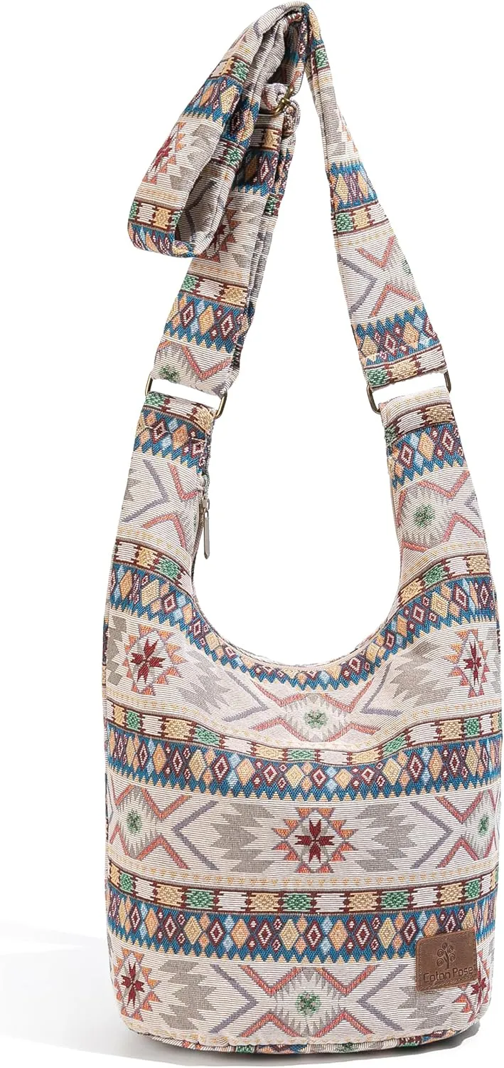 Coton Pose Women Hippie Crossbody Bag - Top Zip Large Capacity Canvas Sling Bag - Jacquard Cloth Handmade