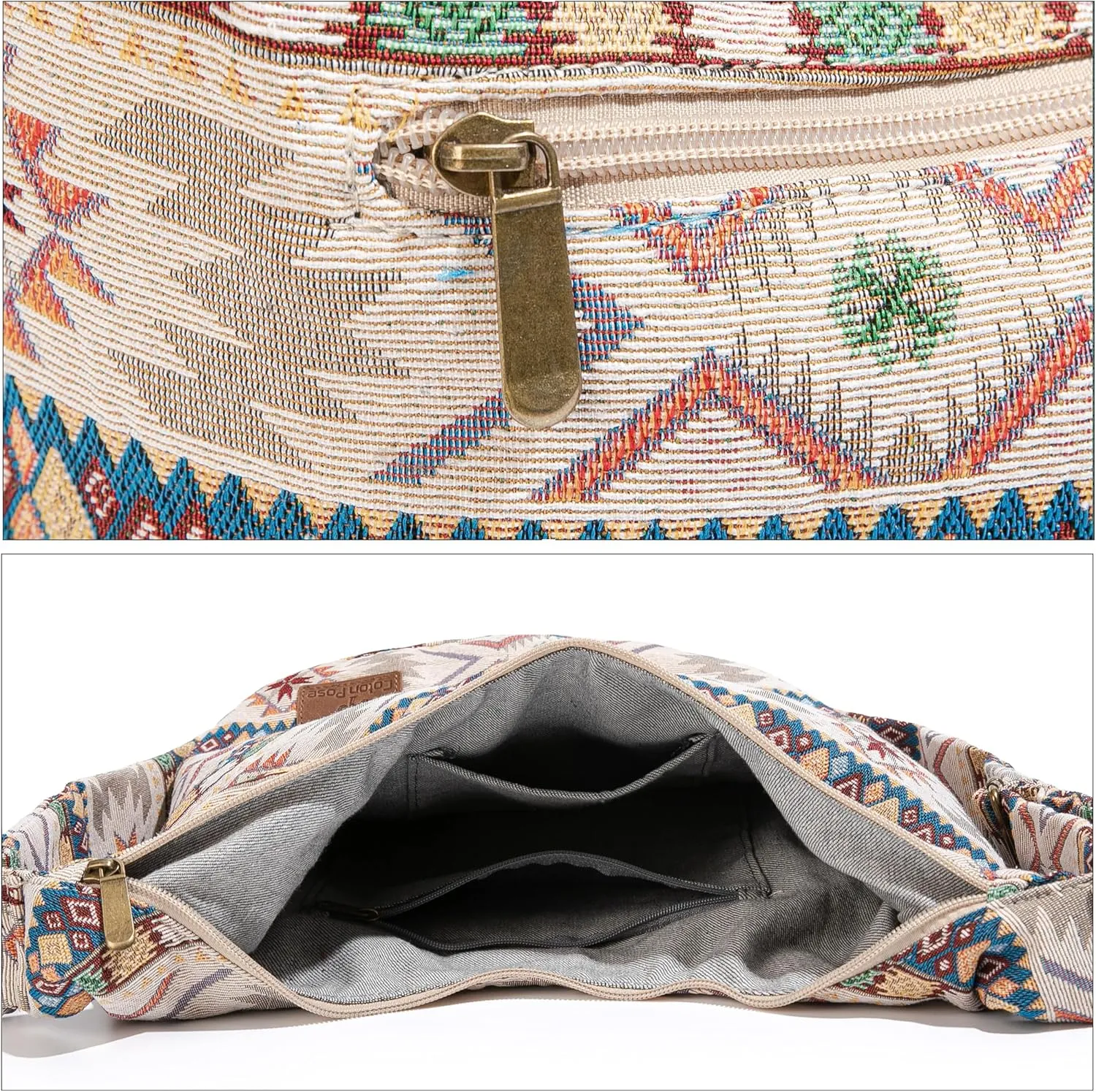 Coton Pose Women Hippie Crossbody Bag - Top Zip Large Capacity Canvas Sling Bag - Jacquard Cloth Handmade