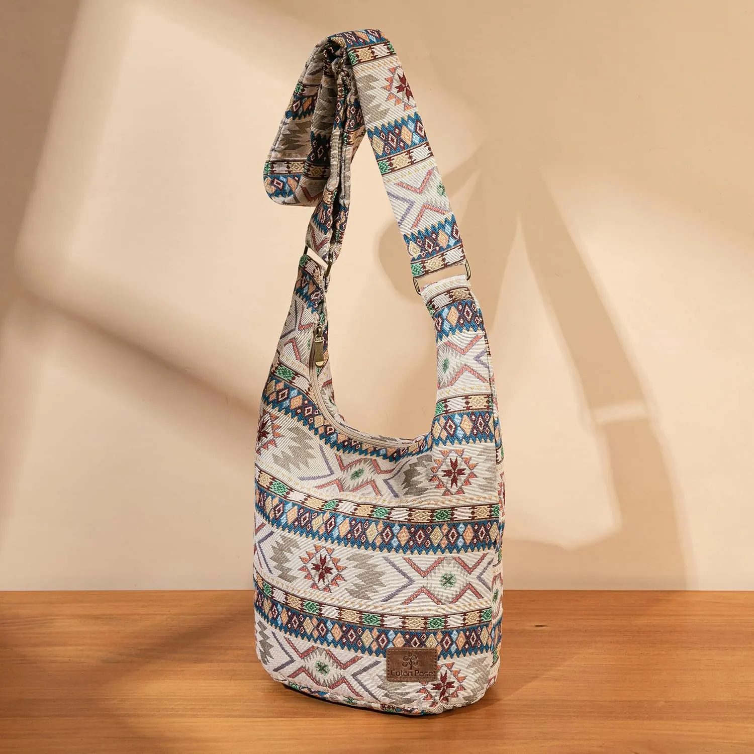 Coton Pose Women Hippie Crossbody Bag - Top Zip Large Capacity Canvas Sling Bag - Jacquard Cloth Handmade