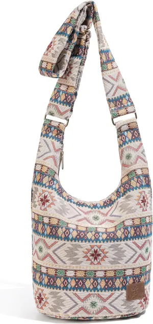 Coton Pose Women Hippie Crossbody Bag - Top Zip Large Capacity Canvas Sling Bag - Jacquard Cloth Handmade