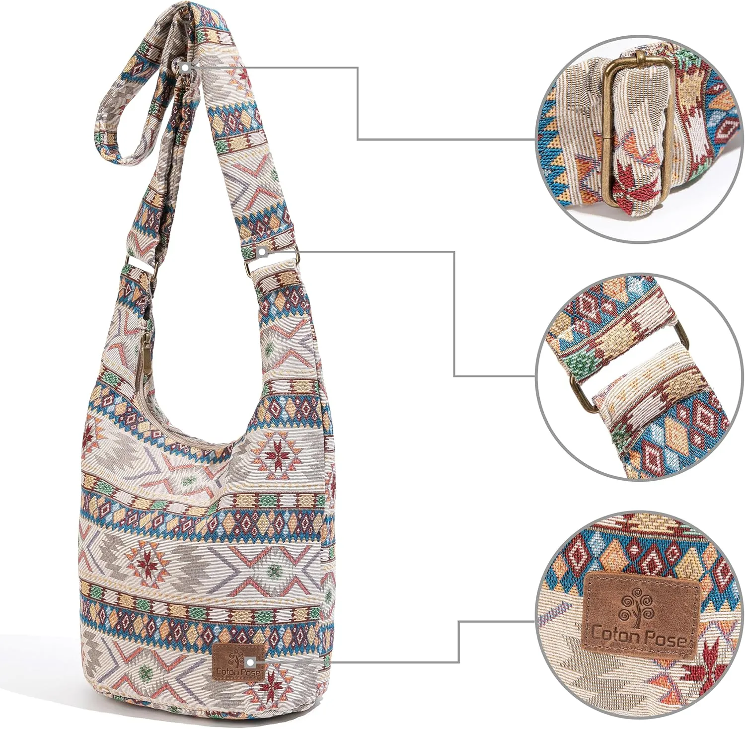Coton Pose Women Hippie Crossbody Bag - Top Zip Large Capacity Canvas Sling Bag - Jacquard Cloth Handmade