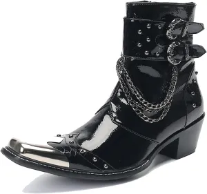 Cowboy Boots for Men Casual Dress Mid Top Boots Genuine Leather Metal Square Toe Zipper Belt Chain Western Boots Fashion Singer Disco Party Ballroom Motorcycle Boots for Men