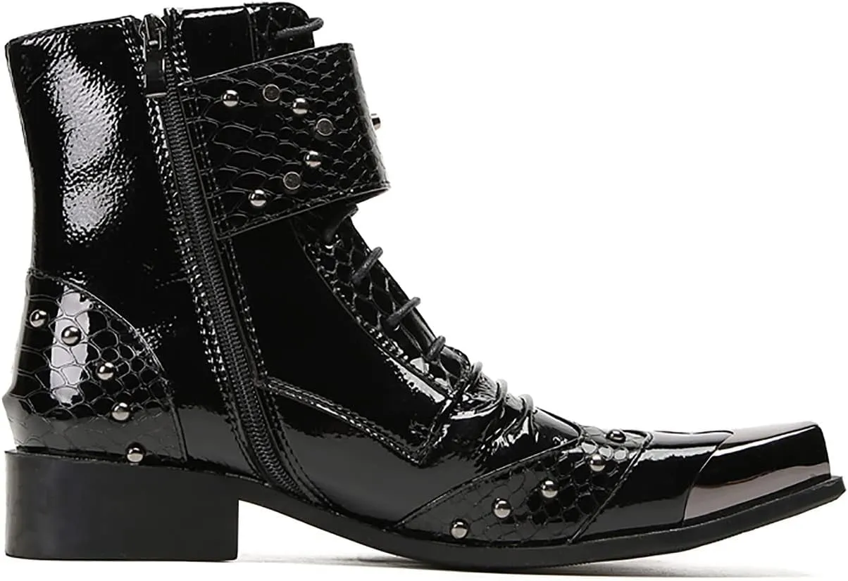 Cowboy Boots Men Party Dress Prom Casual Western Boots Genuine Leather Metal Squre Toe Motorcycle Boots Fashion Tuxedo Wedding Buckles Chelsea Boots Disco Ballroom Mid Top Boots for Men