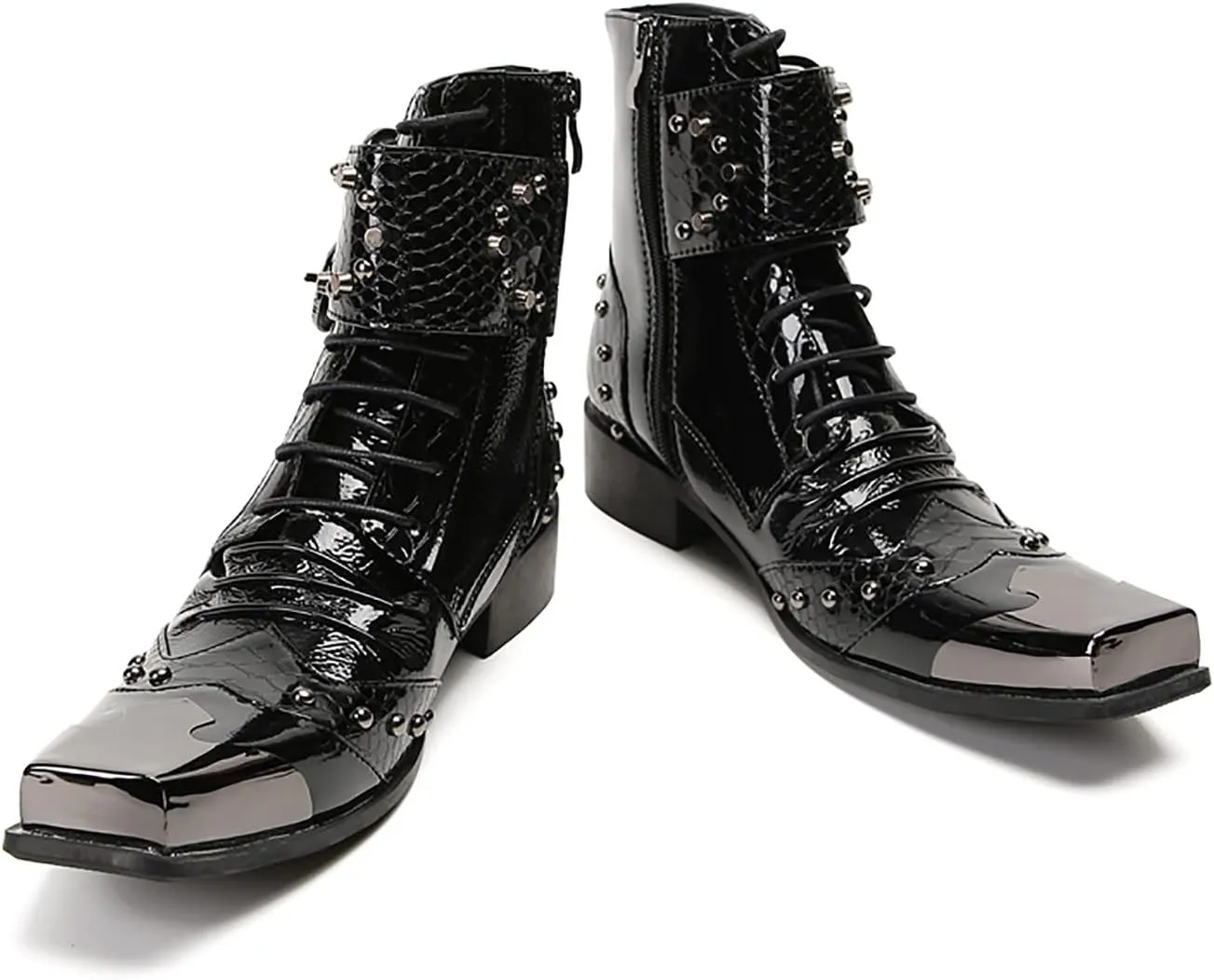 Cowboy Boots Men Party Dress Prom Casual Western Boots Genuine Leather Metal Squre Toe Motorcycle Boots Fashion Tuxedo Wedding Buckles Chelsea Boots Disco Ballroom Mid Top Boots for Men