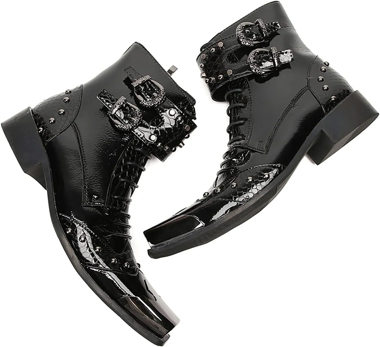 Cowboy Boots Men Party Dress Prom Casual Western Boots Genuine Leather Metal Squre Toe Motorcycle Boots Fashion Tuxedo Wedding Buckles Chelsea Boots Disco Ballroom Mid Top Boots for Men