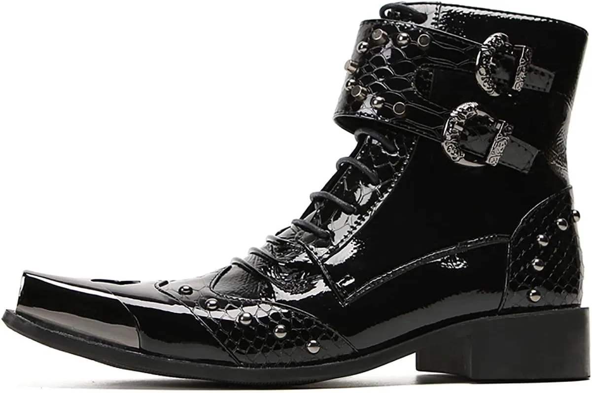 Cowboy Boots Men Party Dress Prom Casual Western Boots Genuine Leather Metal Squre Toe Motorcycle Boots Fashion Tuxedo Wedding Buckles Chelsea Boots Disco Ballroom Mid Top Boots for Men