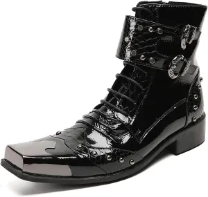 Cowboy Boots Men Party Dress Prom Casual Western Boots Genuine Leather Metal Squre Toe Motorcycle Boots Fashion Tuxedo Wedding Buckles Chelsea Boots Disco Ballroom Mid Top Boots for Men