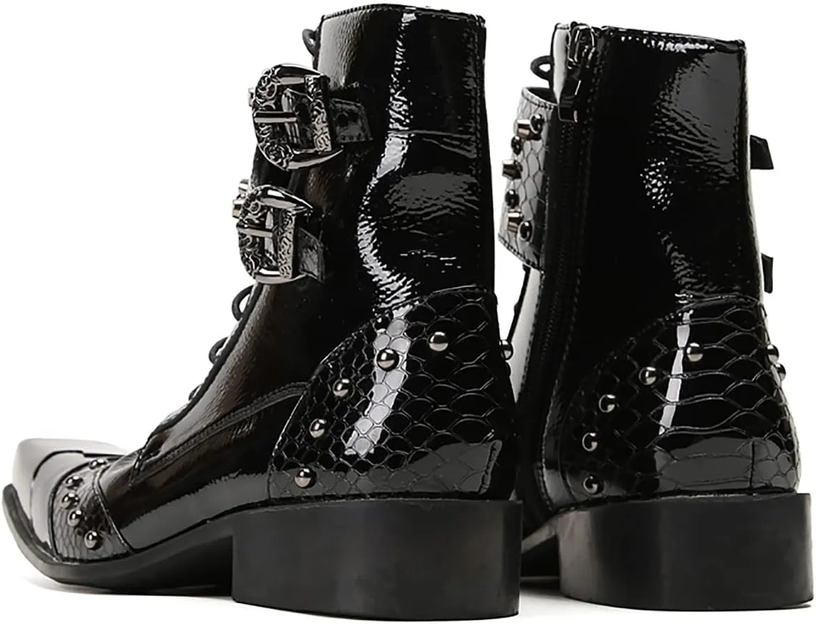 Cowboy Boots Men Party Dress Prom Casual Western Boots Genuine Leather Metal Squre Toe Motorcycle Boots Fashion Tuxedo Wedding Buckles Chelsea Boots Disco Ballroom Mid Top Boots for Men