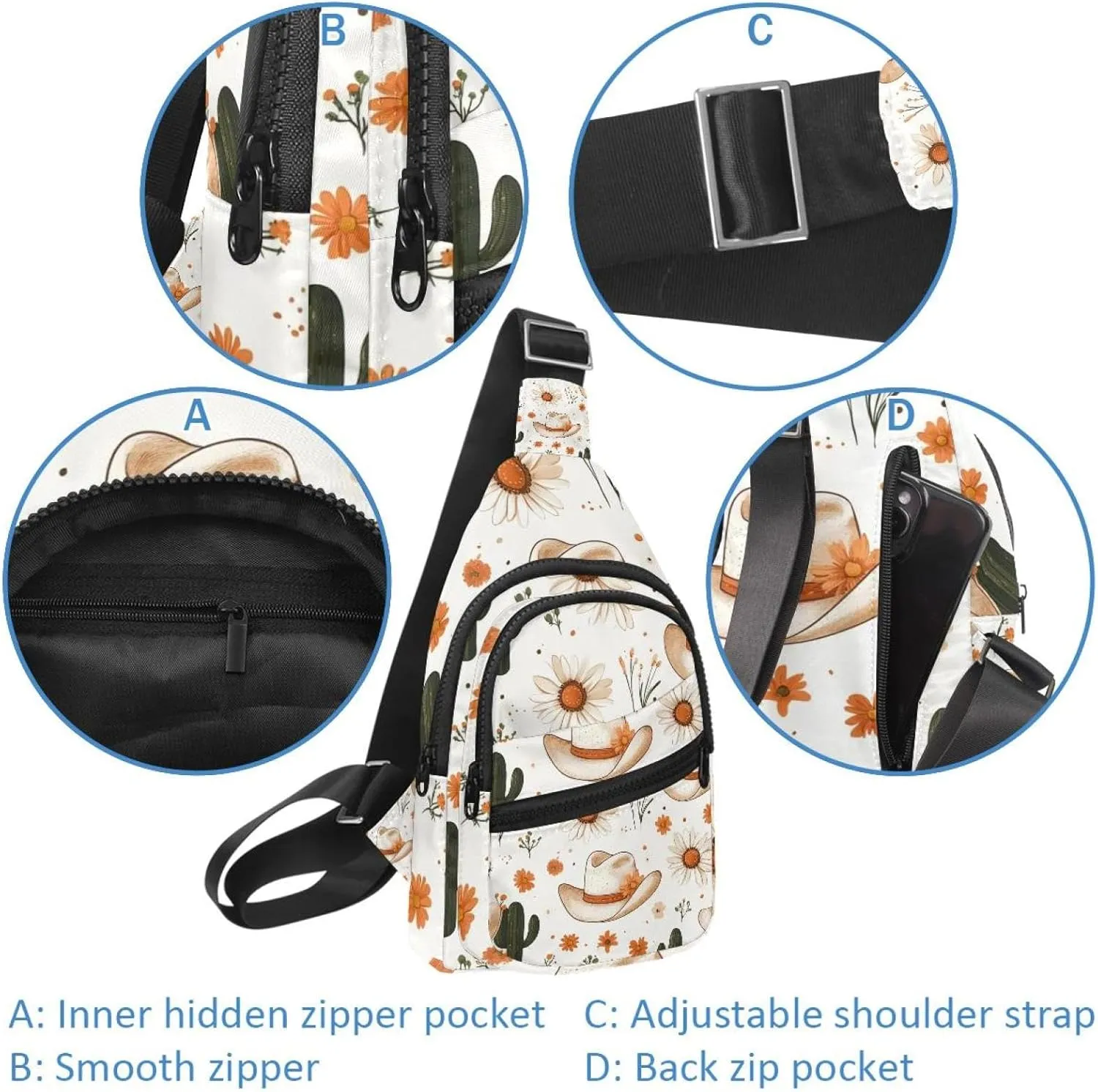 Cowboy Hat Cactuses Western Crossbody Bag with Adjustable Shoulder Strap, Shoulder Bag for Men and Women Sling Backpack for Travel, Cycling, Work, Sport