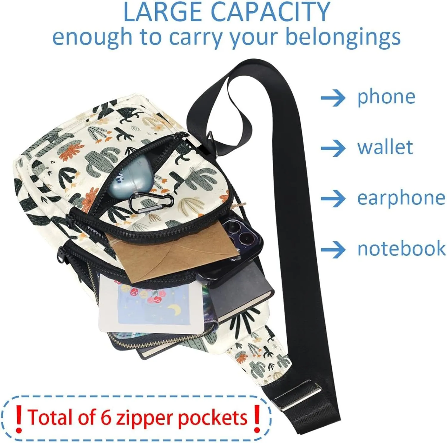 Cowboy Hat Cactuses Western Crossbody Bag with Adjustable Shoulder Strap, Shoulder Bag for Men and Women Sling Backpack for Travel, Cycling, Work, Sport