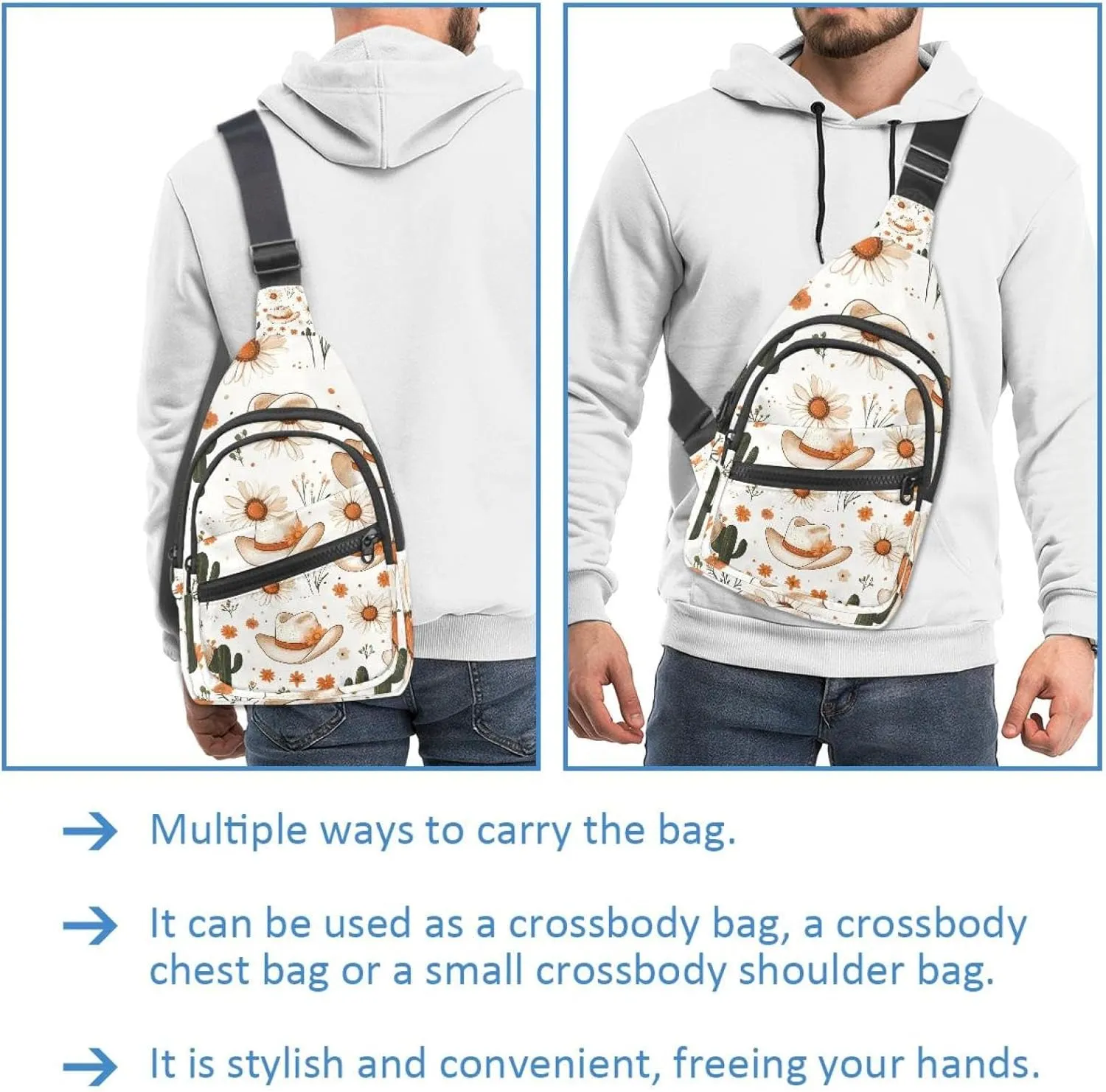 Cowboy Hat Cactuses Western Crossbody Bag with Adjustable Shoulder Strap, Shoulder Bag for Men and Women Sling Backpack for Travel, Cycling, Work, Sport