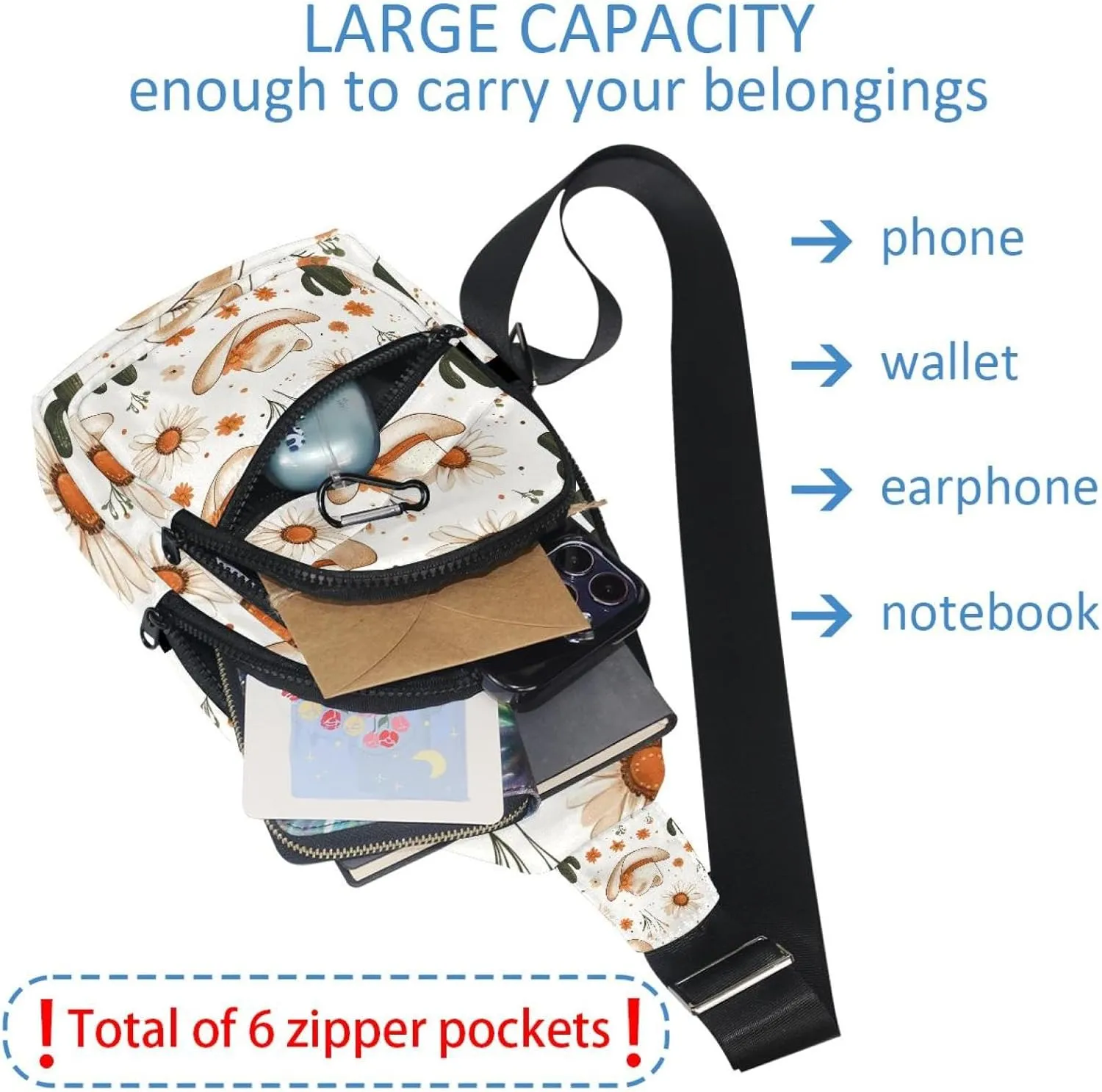 Cowboy Hat Cactuses Western Crossbody Bag with Adjustable Shoulder Strap, Shoulder Bag for Men and Women Sling Backpack for Travel, Cycling, Work, Sport