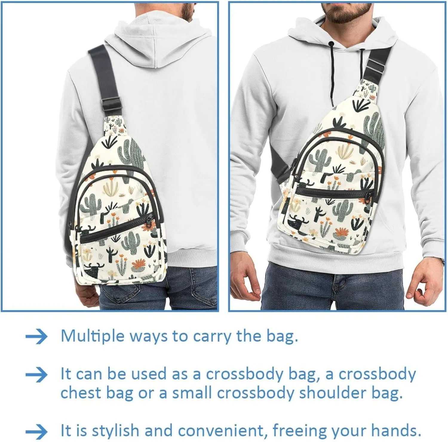 Cowboy Hat Cactuses Western Crossbody Bag with Adjustable Shoulder Strap, Shoulder Bag for Men and Women Sling Backpack for Travel, Cycling, Work, Sport