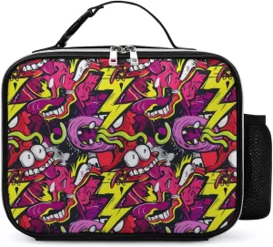 Crazy Graffiti Psychedelic Insulated Cooler Leather Lunch Bag Meal Tote Handbags with Adjustable Handle Strap Side Pocket