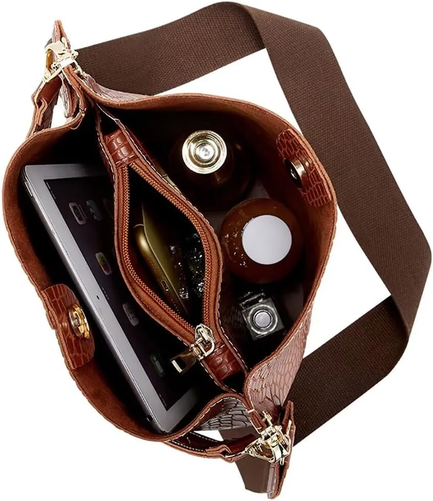 Crocodile Purses and Handbags for Women Designer Vintage Bucket Bag Stylish Shoulder Bag Casual Leather Crossbody Bag