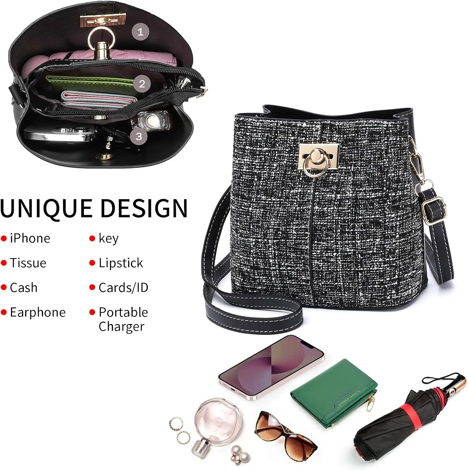 Cross Body Purse for Woman Trendy,Crossbody Bucket Bags-PU Leather with Adjustable Shoulder Strap, Multiple Pockets