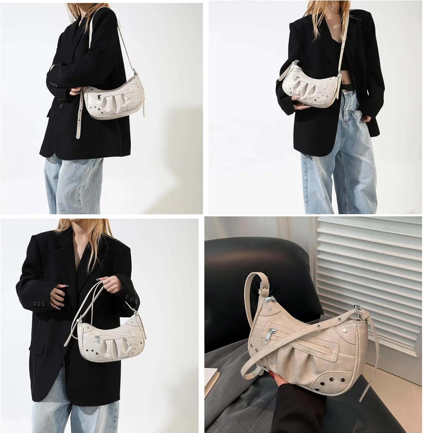 Crossbody Bags For Women Rivet Shoulder Bag with Adjustable Strap Retro Cross Body Bag PU Leather Handbags Trendy Purse