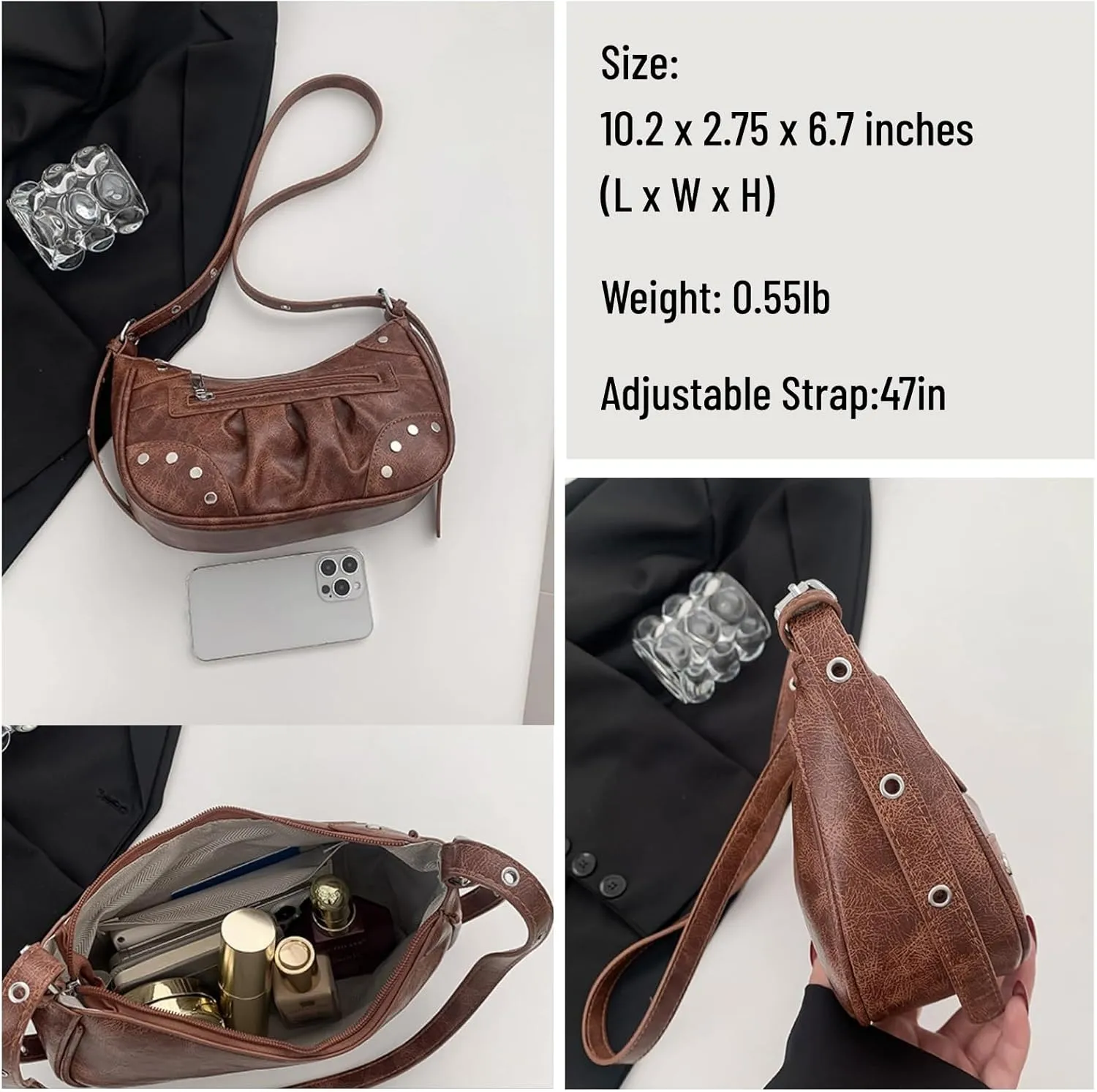 Crossbody Bags For Women Rivet Shoulder Bag with Adjustable Strap Retro Cross Body Bag PU Leather Handbags Trendy Purse