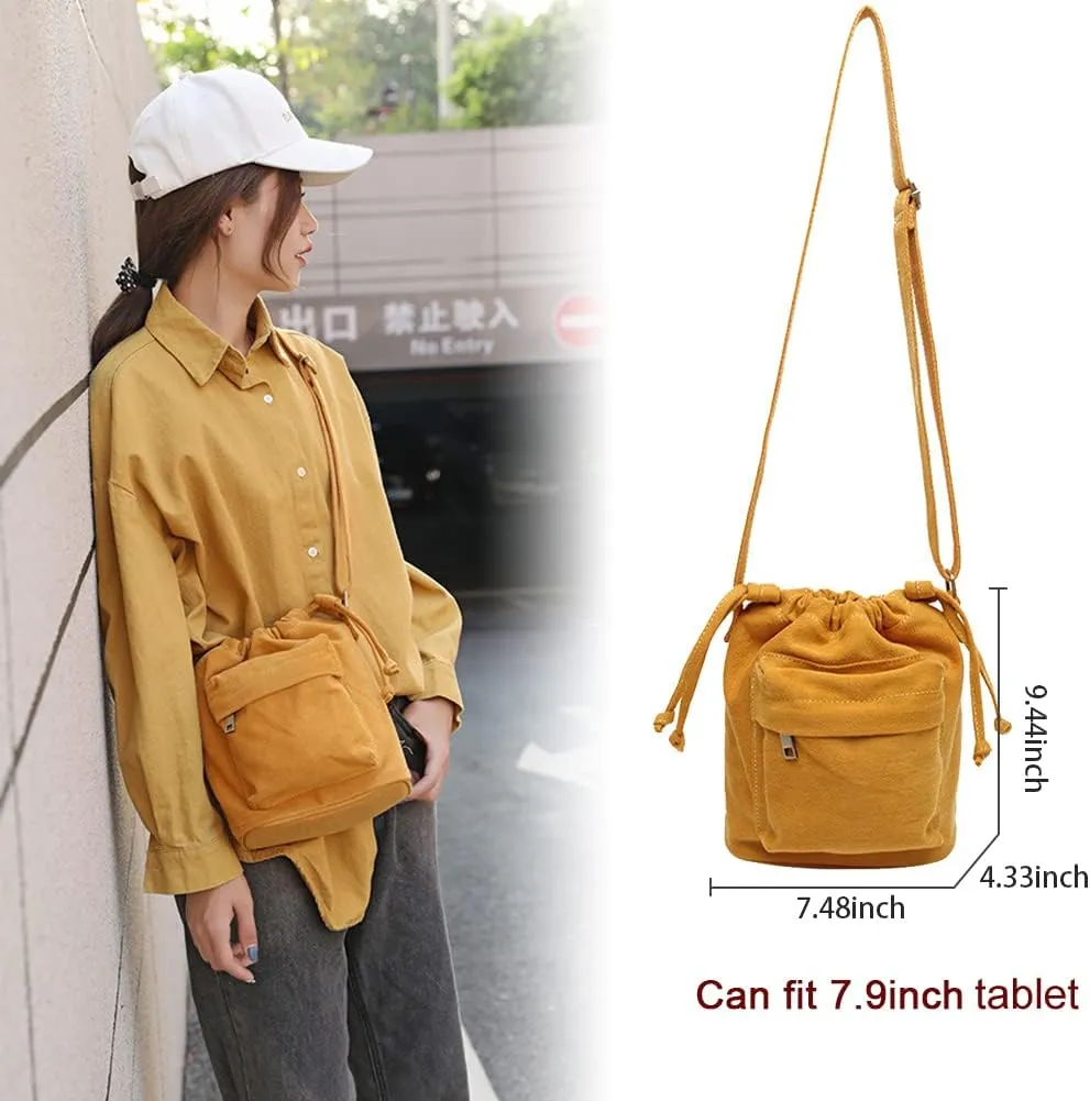 Crossbody Bags for Women Small Canvas Drawstring Bucket Purse Cute Little Boho Bag
