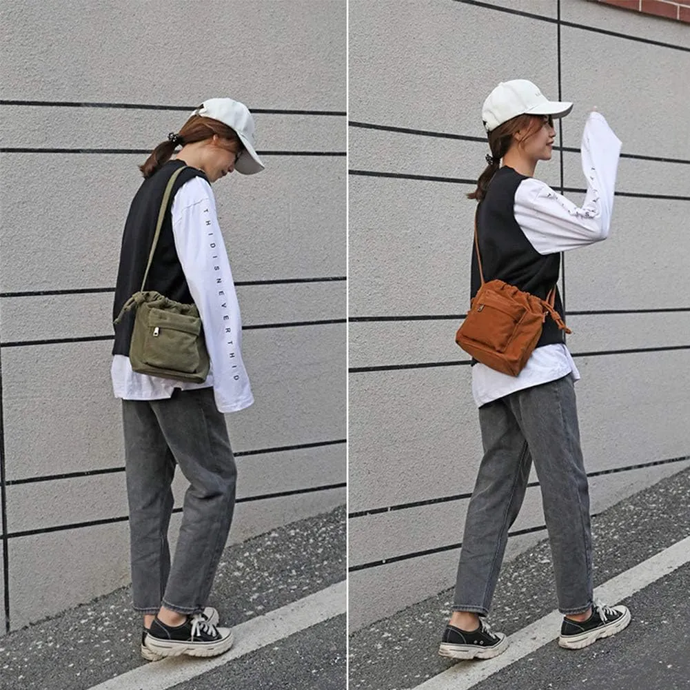 Crossbody Bags for Women Small Canvas Drawstring Bucket Purse Cute Little Boho Bag