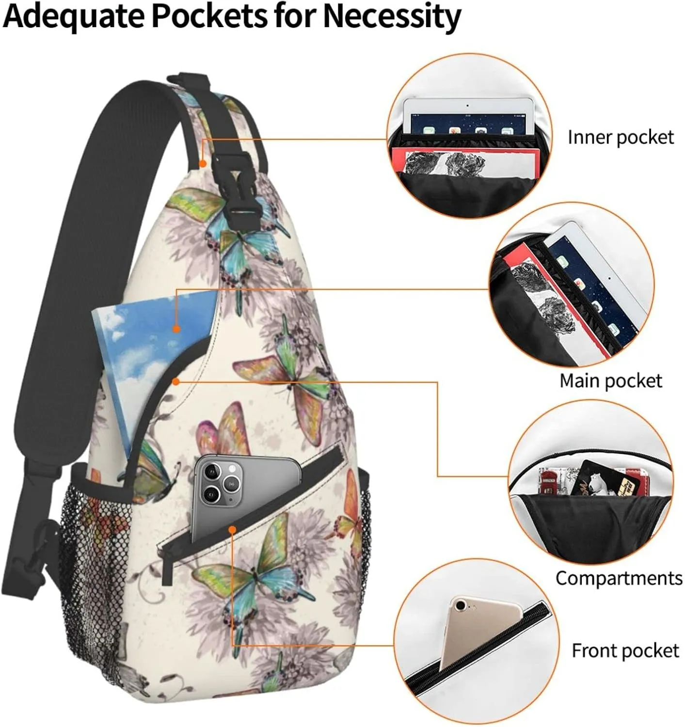 Crossbody Sling Backpack Sling Bag Chest Bag Shoulder Bag Travel Hiking Daypack For Men Women-Flying Butterflies