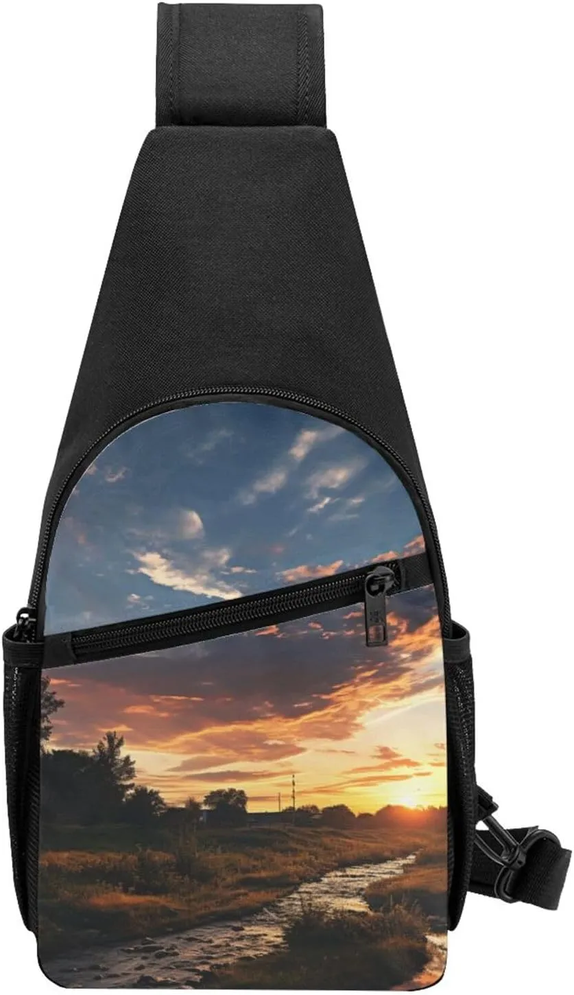 Crossbody Sling Backpack Sling Bag for Men Women Cross Chest Bag Shoulder Bag Rural Sunrise landscape Travel Hiking Daypack