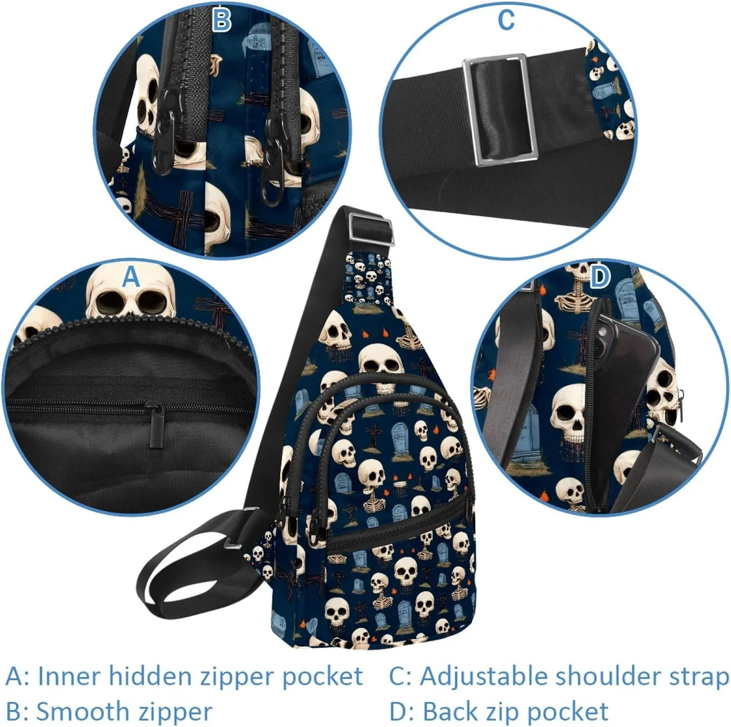 Crossbody Sling Backpack Sling Bag for Women Men, Halloween Skull Tombstone Fanny Packs Chest Bag for Running Hiking