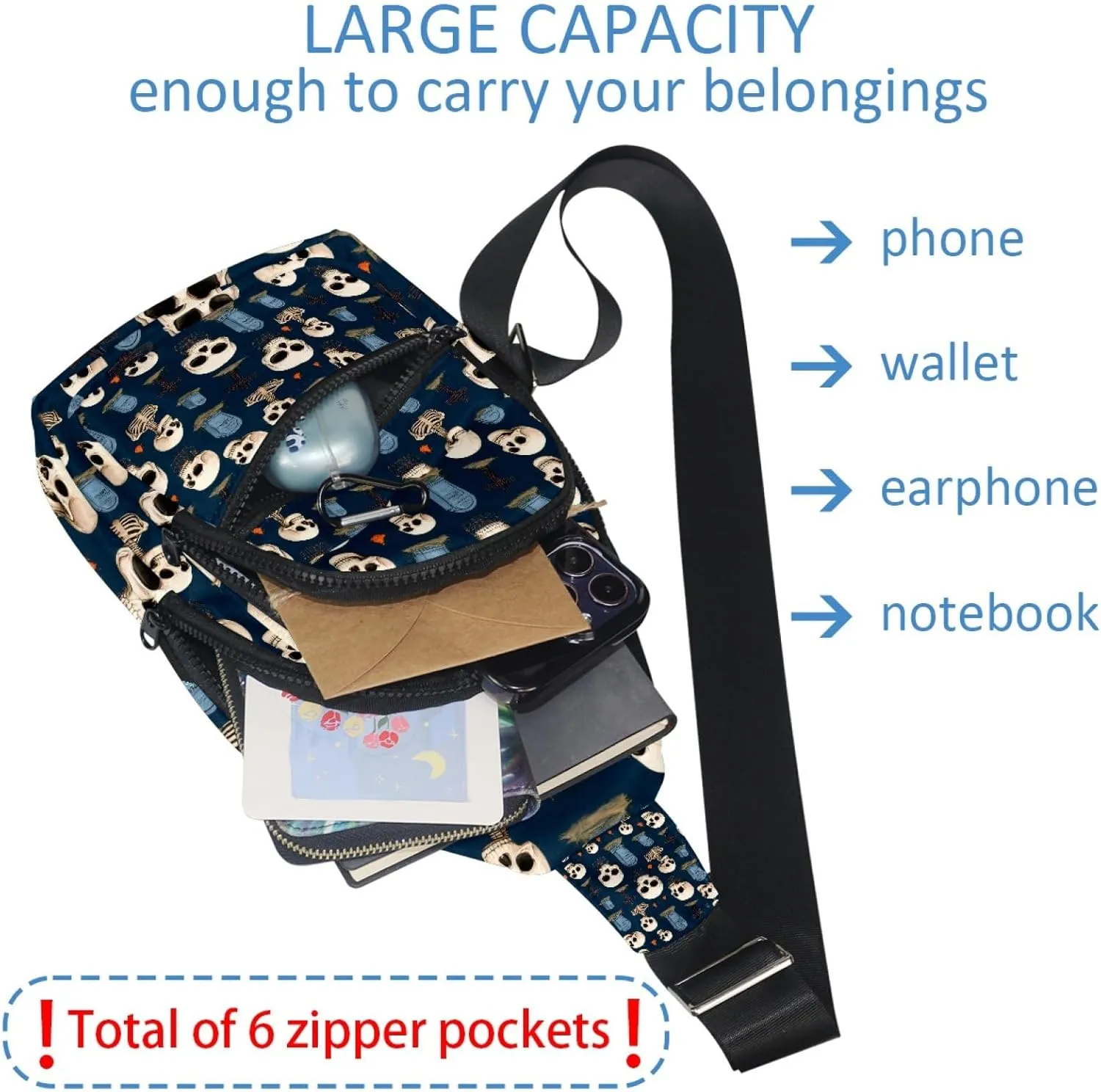 Crossbody Sling Backpack Sling Bag for Women Men, Halloween Skull Tombstone Fanny Packs Chest Bag for Running Hiking