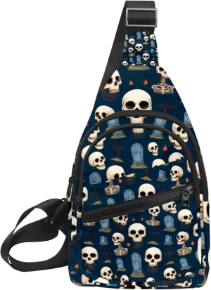 Crossbody Sling Backpack Sling Bag for Women Men, Halloween Skull Tombstone Fanny Packs Chest Bag for Running Hiking