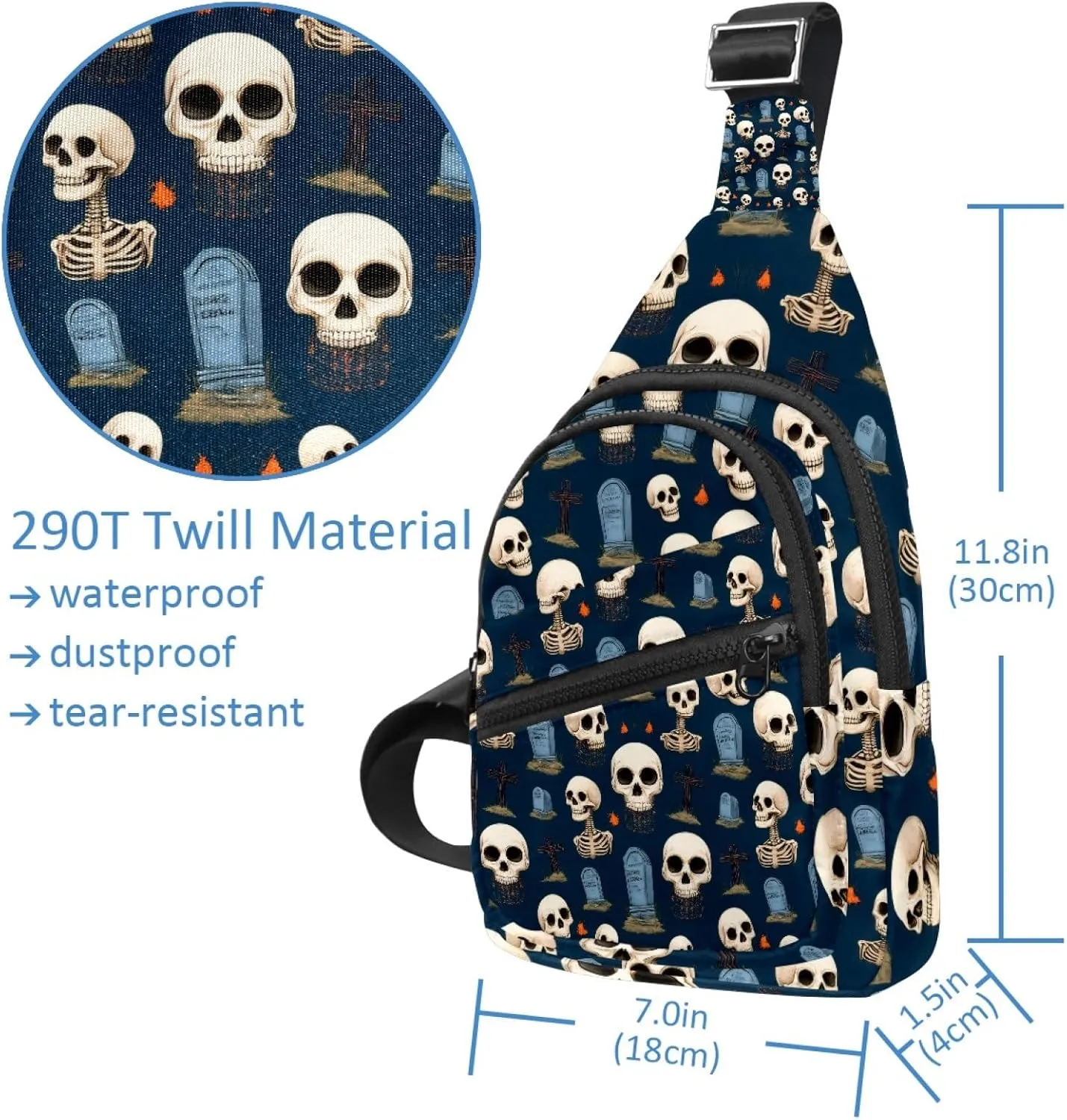 Crossbody Sling Backpack Sling Bag for Women Men, Halloween Skull Tombstone Fanny Packs Chest Bag for Running Hiking