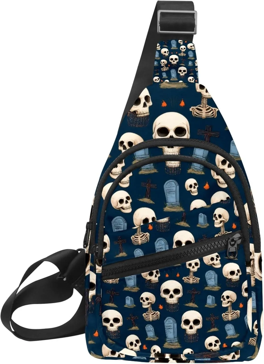 Crossbody Sling Backpack Sling Bag for Women Men, Halloween Skull Tombstone Fanny Packs Chest Bag for Running Hiking