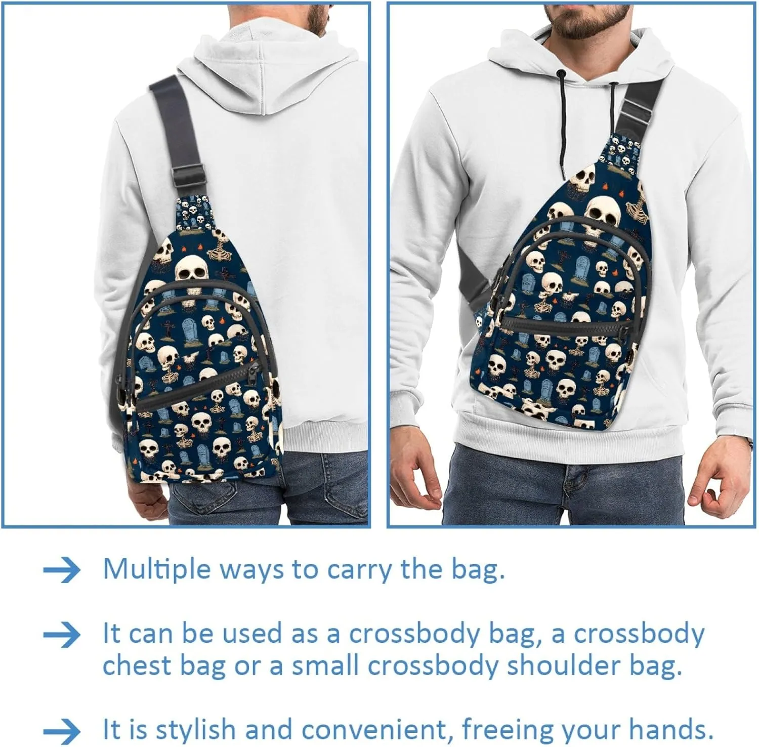 Crossbody Sling Backpack Sling Bag for Women Men, Halloween Skull Tombstone Fanny Packs Chest Bag for Running Hiking