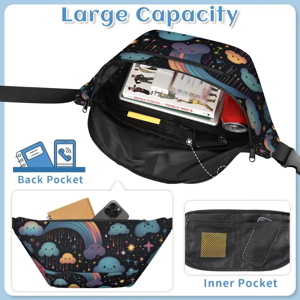 Crossbody Sling Bags for Women Men Cute Clouds Rainbow Casual Sling Backpack Daypack Chest Bag for Travel Sport Hiking Running