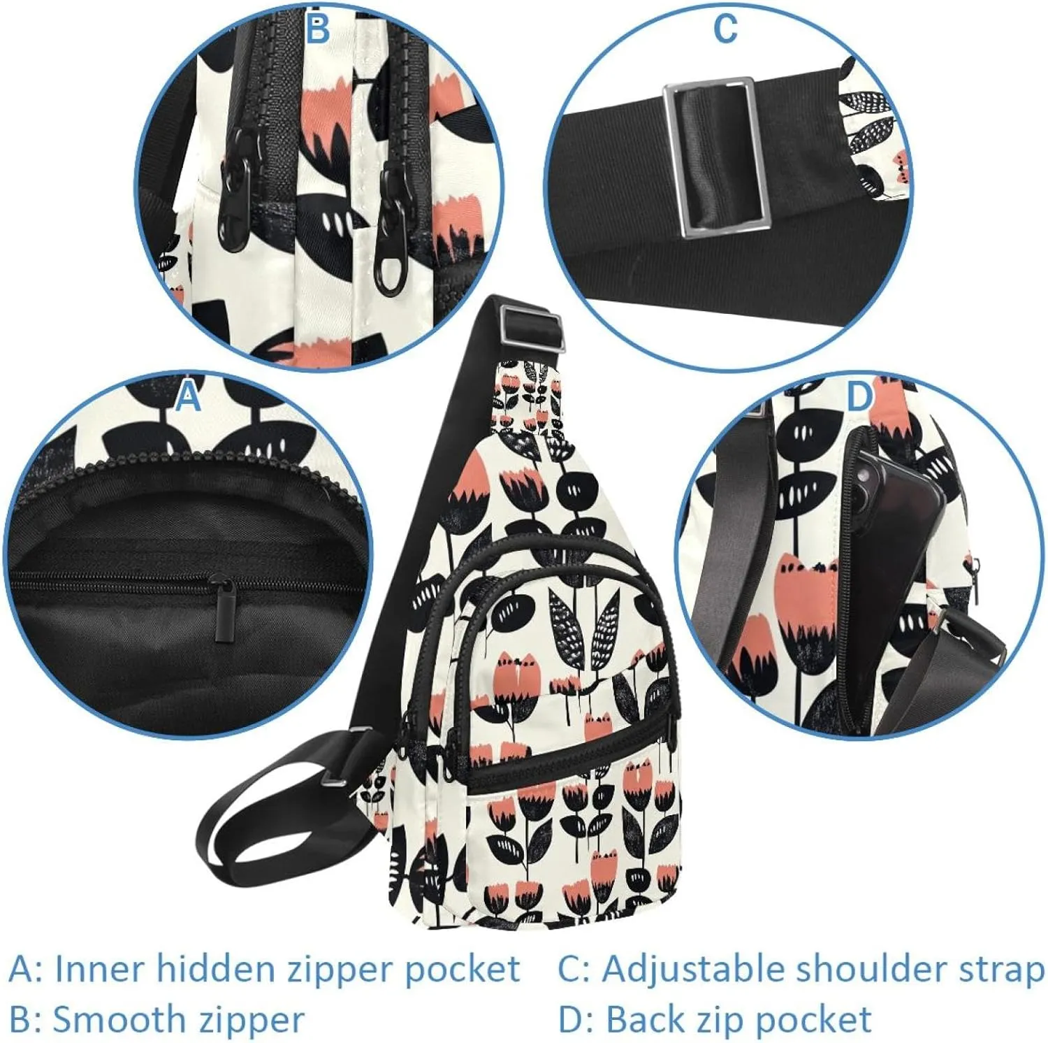 Crossbody Small Sling Bag Backpack for Women Men, Tulips (4) Chest Daypack Crossbody Travel Sports Hiking
