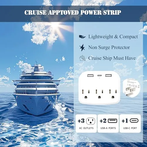 Cruise Ship Essentials - Must Haves for Carnival, MSC, NCL - Luggage Tag Holder, Cruise Approved Non-Surge Power Strip, Magnet Hook, Waterproof Phone Case, Cruise Card Holder Magnetic Pouch