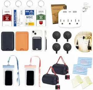 Cruise Ship Essentials - Must Haves for Carnival, MSC, NCL - Luggage Tag Holder, Cruise Approved Non-Surge Power Strip, Magnet Hook, Waterproof Phone Case, Cruise Card Holder Magnetic Pouch