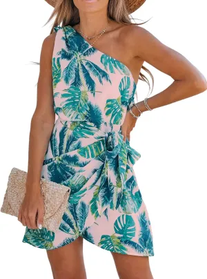 CUPSHE Women's One Shoulder Leaf Print Self-tie Short Dress Sleeveless Tiered Hem Formal Dress Casual Mini Dress