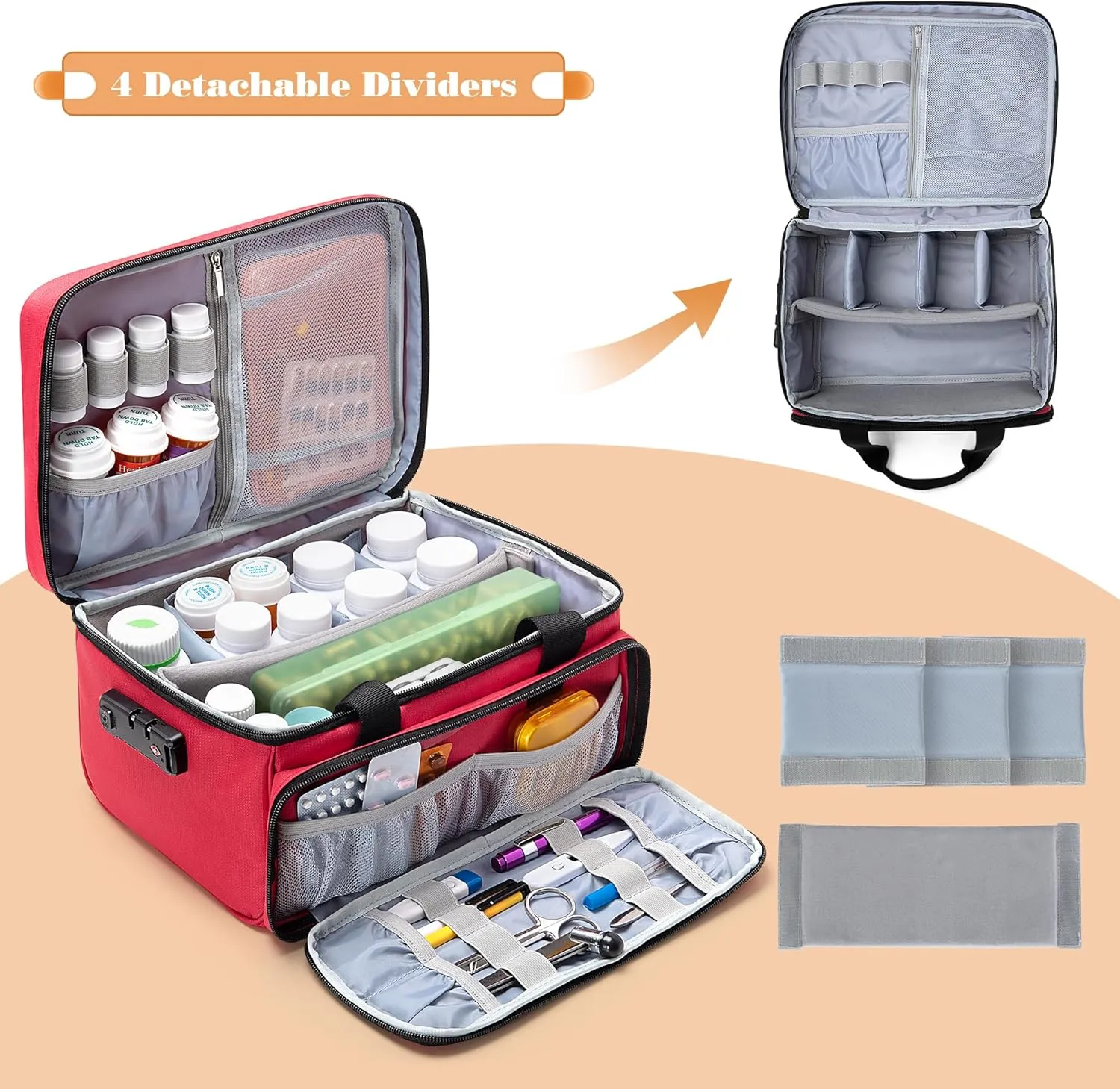 CURMIO Pill Bottle Organizer, Medicine Bag with Lock for Prescription Bottles and First Aid Kits, Red (Patented Design)