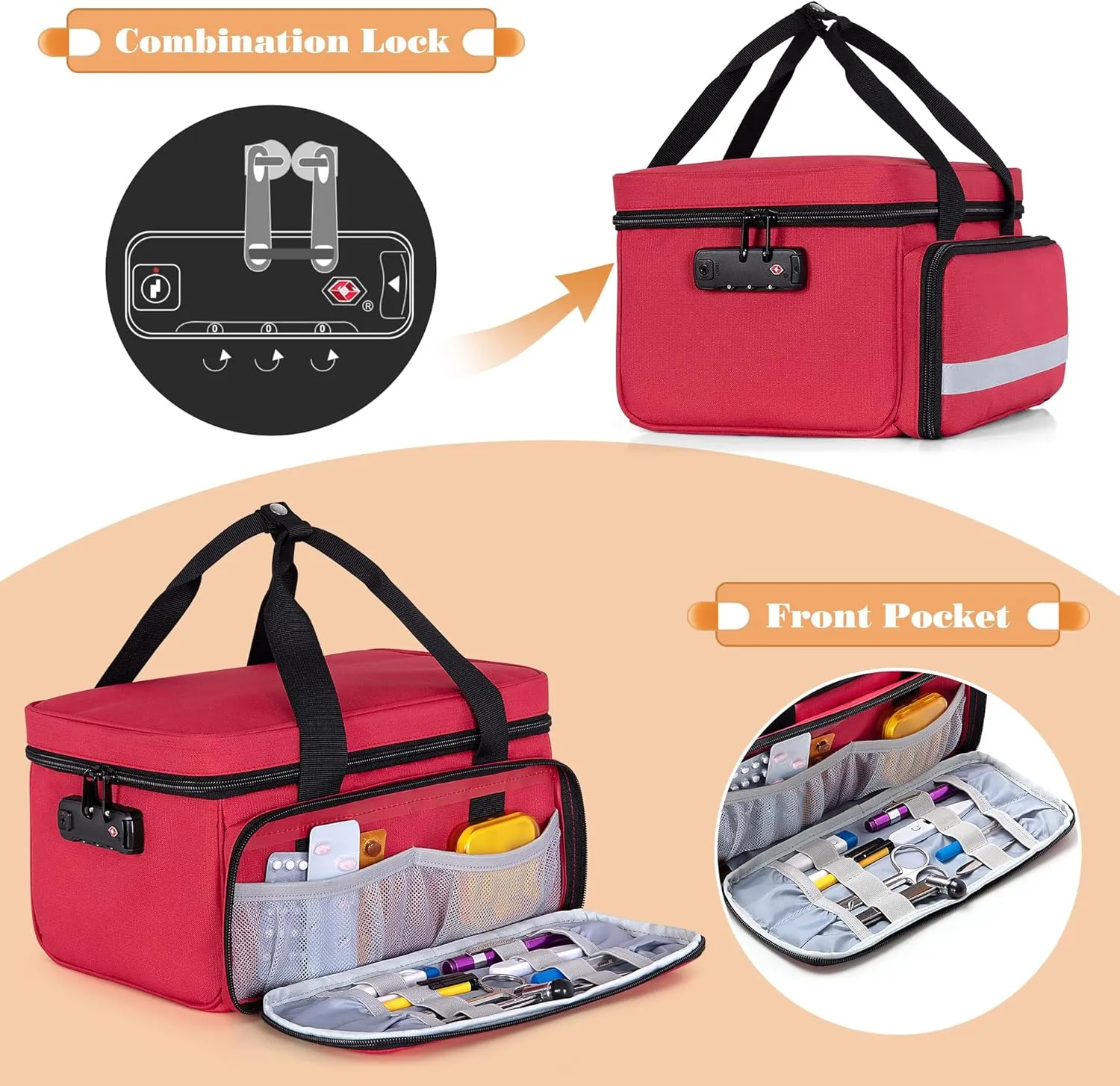 CURMIO Pill Bottle Organizer, Medicine Bag with Lock for Prescription Bottles and First Aid Kits, Red (Patented Design)