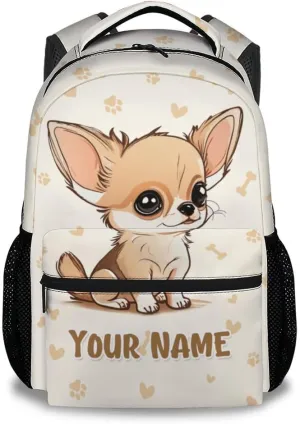 Custom Chihuahua Backpack for Girls, 17 Inch Beige Backpacks for Kindergarten, Cute Lightweight Durable Bookbag for Kids