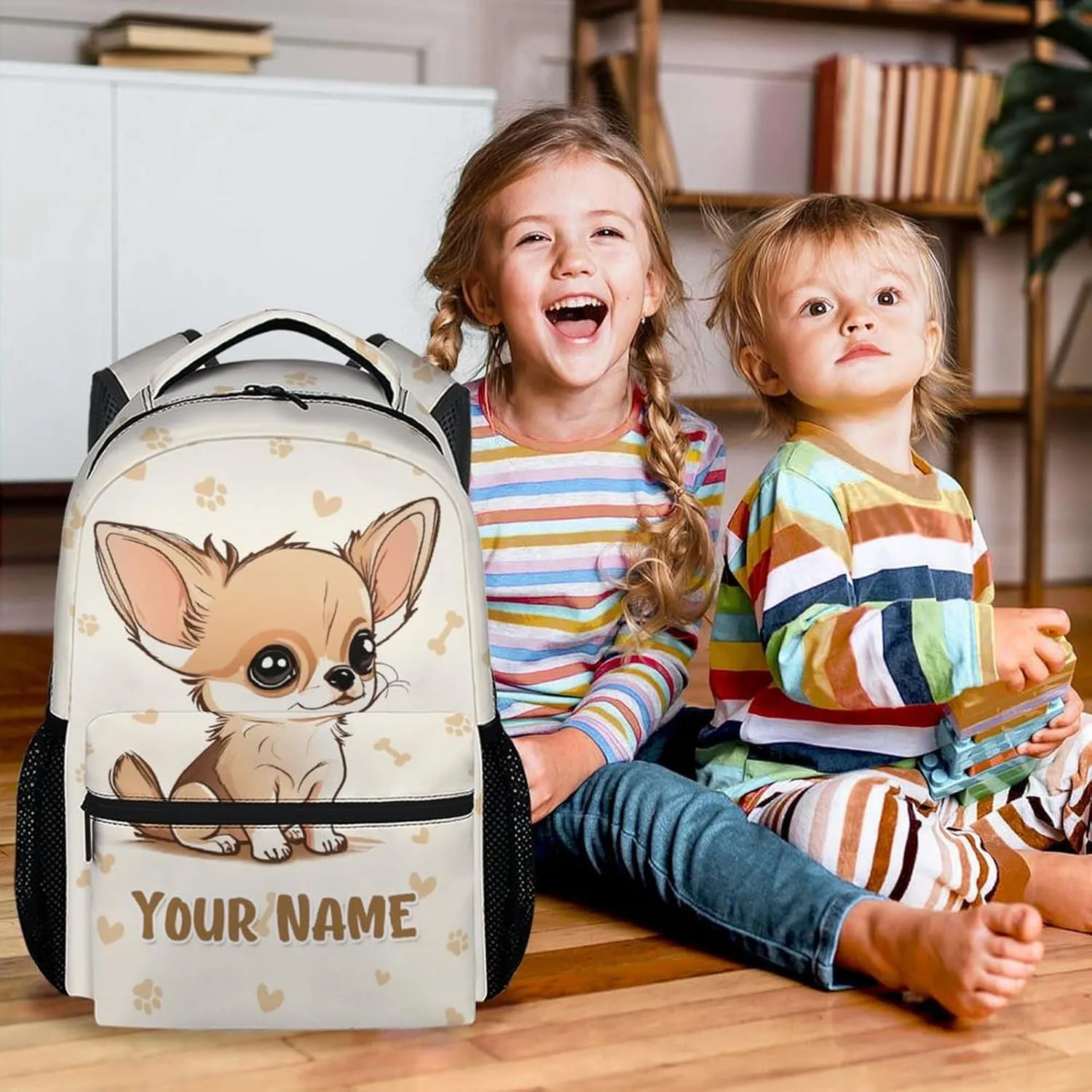 Custom Chihuahua Backpack for Girls, 17 Inch Beige Backpacks for Kindergarten, Cute Lightweight Durable Bookbag for Kids