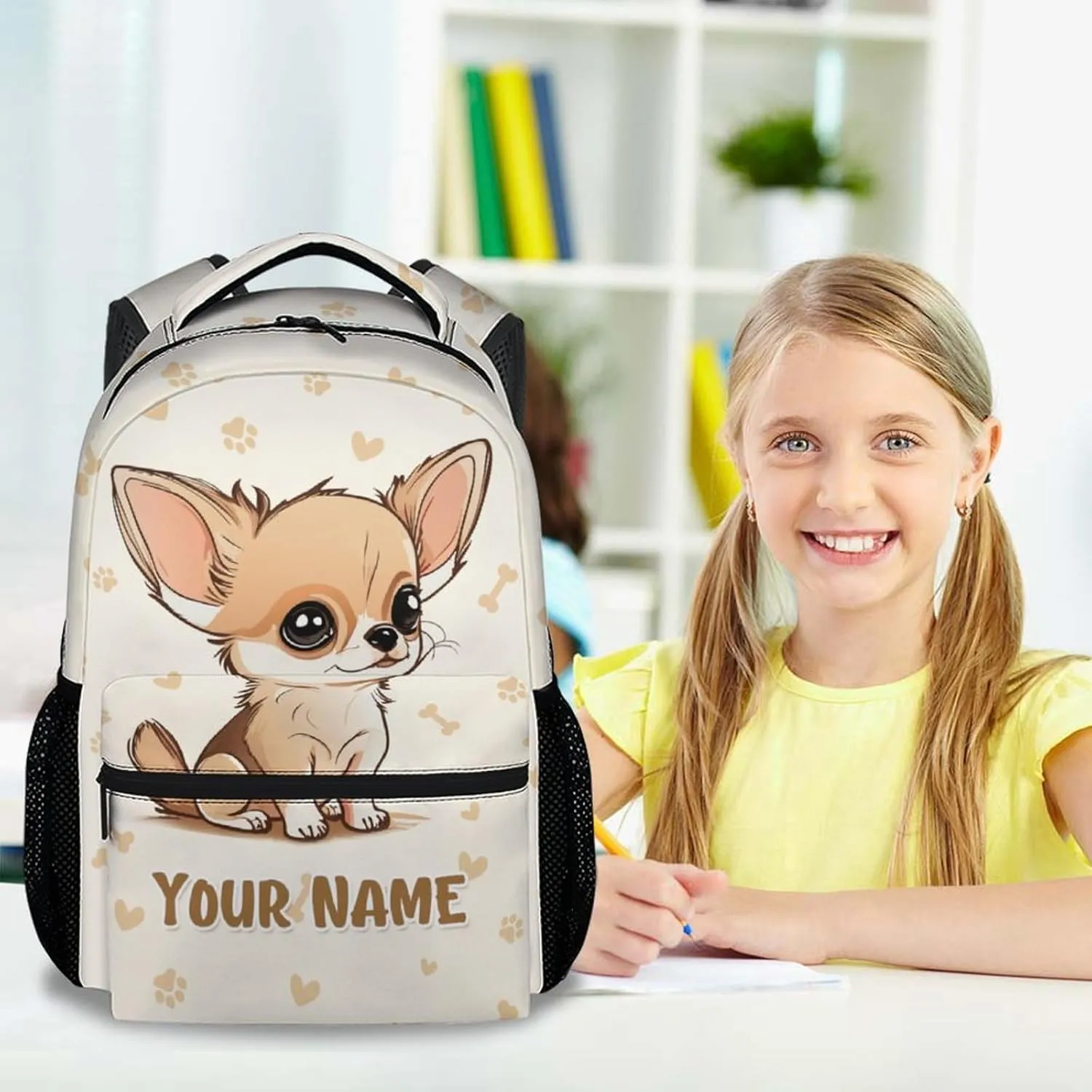 Custom Chihuahua Backpack for Girls, 17 Inch Beige Backpacks for Kindergarten, Cute Lightweight Durable Bookbag for Kids
