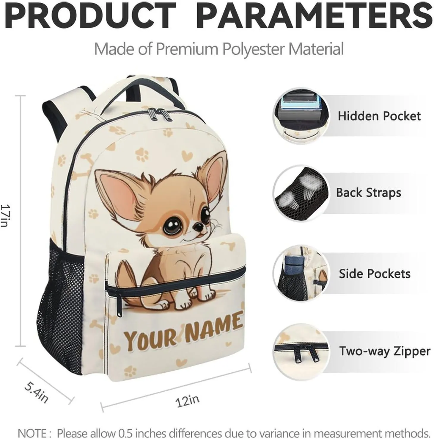 Custom Chihuahua Backpack for Girls, 17 Inch Beige Backpacks for Kindergarten, Cute Lightweight Durable Bookbag for Kids